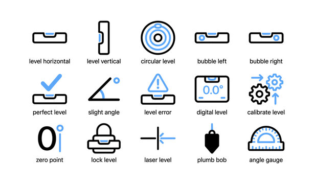 Level and measurement icons showing leveling tools on white background