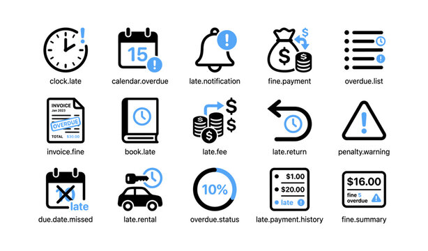 Overdue and late fee icons showing fines and notifications