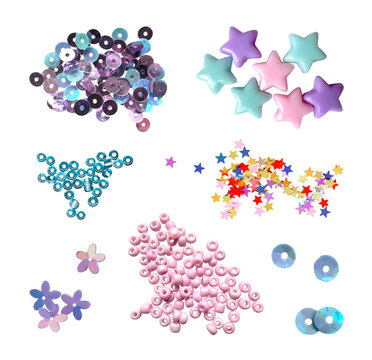 Star beads, sequins, flower beads and colorful embellishments collage isolated clipart set. Ideal for Y2K scrapbook projects, journaling, stationery, stickers, social media and creative branding.