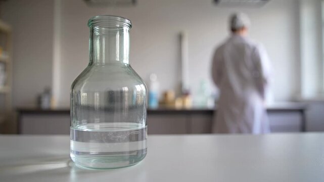 Intense chemical reaction in a glass flask with thick white vapor emission, while liquid volume slowly decreases.