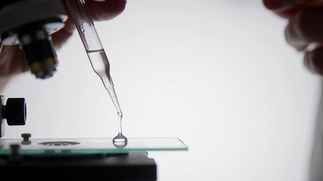 Laboratory assistant dripping transparent liquid from a glass pipette onto a microscope slide, close-up in a bright lab.