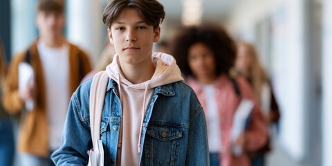 Fototapeta premium A teenage boy stands confidently in a bustling school hallway, surrounded by classmates, capturing a moment of youthful energy and social interactions in an educational environment.