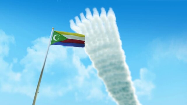 Comoros Flag 3D Render Animation on Pole with Fighter Jets Smoke Trails in Blue Sky - Low Angle View
