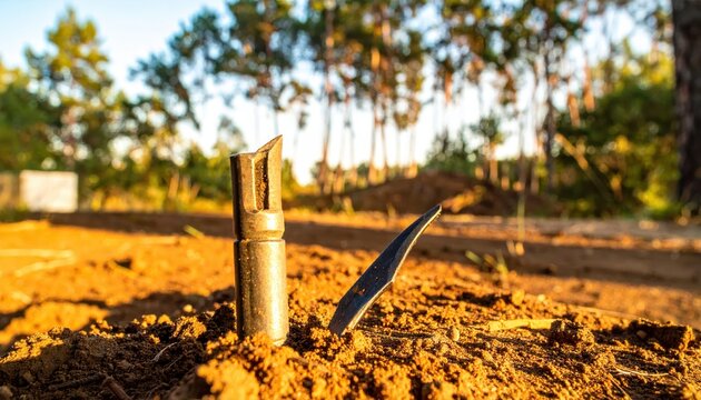 Rugged military entrenching tool with sharpened edge stuck into dry dirt outdoors