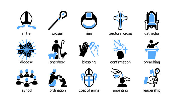 Religious symbols and clergy items displayed on white background