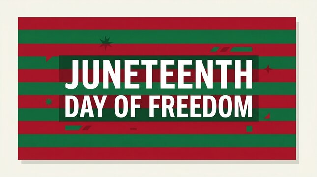 Juneteenth Day of Freedom banner, African American Emancipation Day celebration graphic, red and green striped holiday background with white typography
