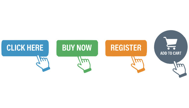 Click cursor set button with hand pointer clicking. Click here web button sign. Isolated website buy or register bar icon with hand finger arrow clicking cursor &ndash; stock vector