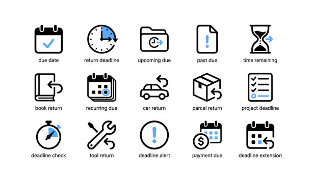 Deadline and return icons showing due dates and reminders