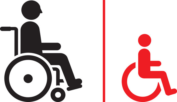 Wheelchair accessibility vector icons in black and red styles for disabled access signage