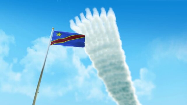 Congo Democratic Republic of the Flag 3D Render Animation on Pole with Fighter Jets Smoke Trails in Blue Sky - Low Angle View