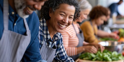 Fototapeta premium A vibrant group of individuals joyfully preparing fresh vegetables, showcasing teamwork, culinary skills, and the joy of community bonding over food in a bright kitchen setting.