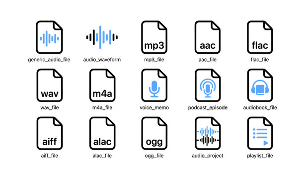 Collection of audio file and waveform icons on white canvas