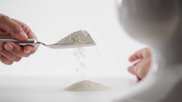 Demonstration of construction powdery mixture on a metal scoop in a laboratory assistant's hand, analysis of dry building materials in a lab.