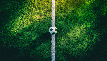 Soccer ball on the white touchline of a green football field at stadium under bright sunlight, perfect for sports training, match competition, or athletic championship concepts