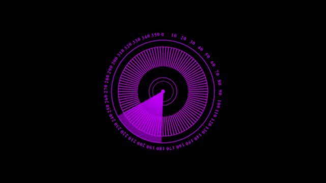 Purple digital circular radar interface scanning motion graphic full scale a digital display showing a 360 degree with a rotating light beam sonar scan technology navigation futuristic