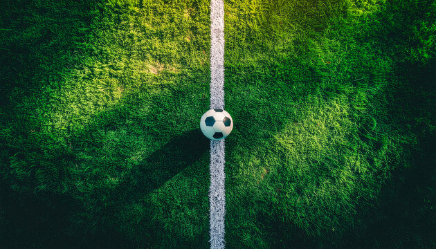 Soccer ball on the white touchline of a green football field at stadium under bright sunlight, perfect for sports training, match competition, or athletic championship concepts