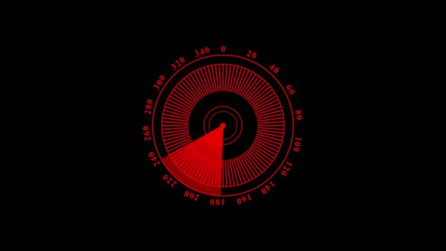 Red digital circular radar interface scanning motion graphic a digital display emitting a rotating light beam against a deep black background sonar scan technology navigation futuristic