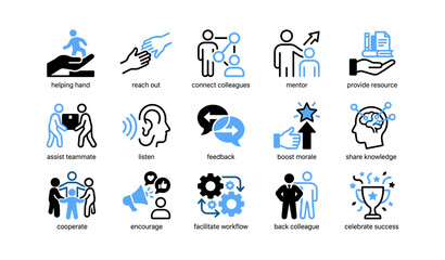 Fototapeta premium Teamwork icons illustrating support actions in grid layout