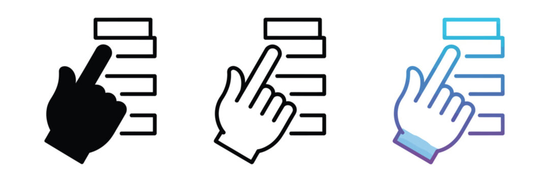 Hand pointing to flowchart diagram icon set in black line and blue color vector illustration for process navigation and workflow design