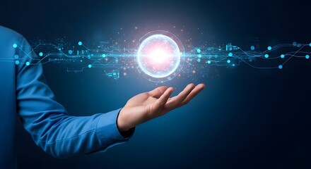 Fototapeta premium Businessman presenting a glowing orb with futuristic circuit board elements