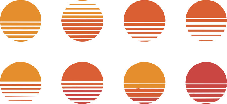 Vintage retro sun circle set, sun in retro 80s and 90s style, sunset sunrise isolated - vector