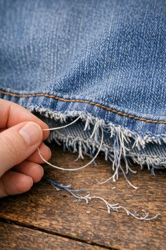 Person repairing torn jeans with needle and thread