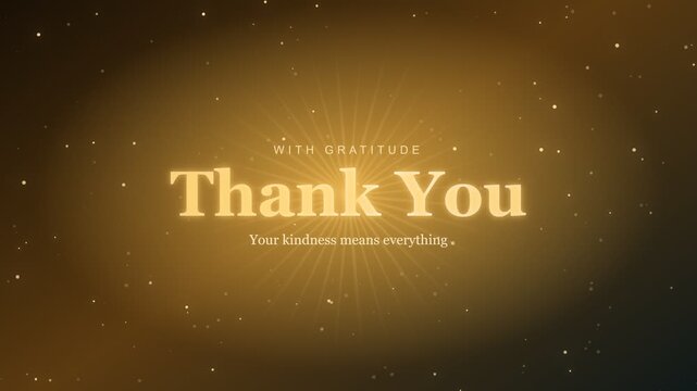 Golden thank you message animation with glittering particle background