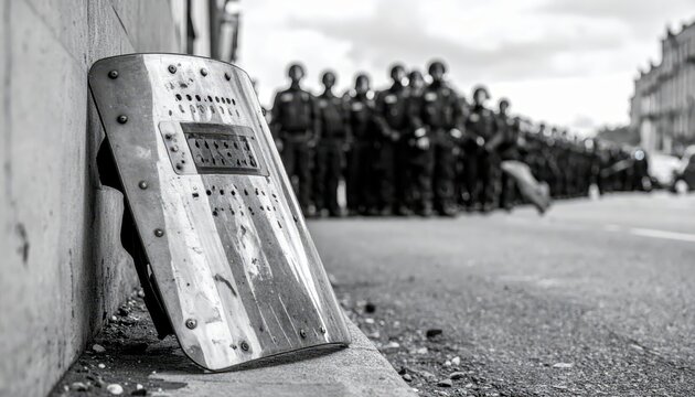 Scuffed riot shield leaning against a concrete surface, reflecting a blurred group of police officers in formation