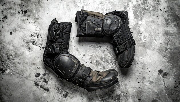 Scuffed and worn tactical knee and elbow pads with boots, laid out on a textured surface