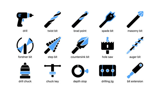 Drill bit types and accessories arranged in a grid on white