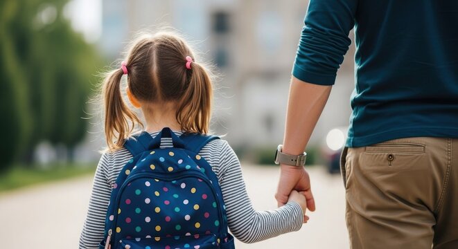 Father and daughter walking to school holding hands back view