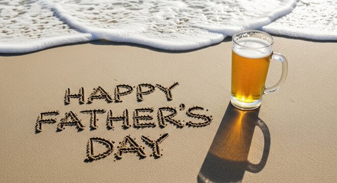 Father's day beach scene with beer and handwritten message in sand
