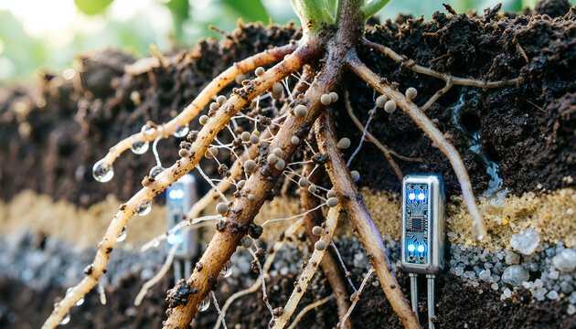 Close-up of plant roots with soil moisture sensors embedded in the earth, showing water droplets and soil layers