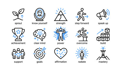 Fototapeta premium Personal growth and achievement icons arranged on white background