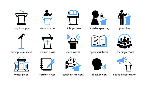 Pulpit and sermon icons displayed in rows on white background