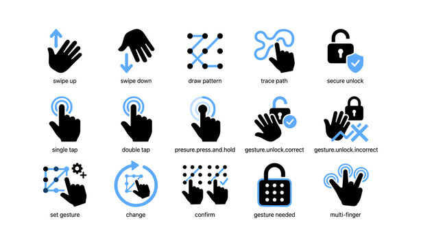 Hand gesture icons for unlock and touch controls on white background
