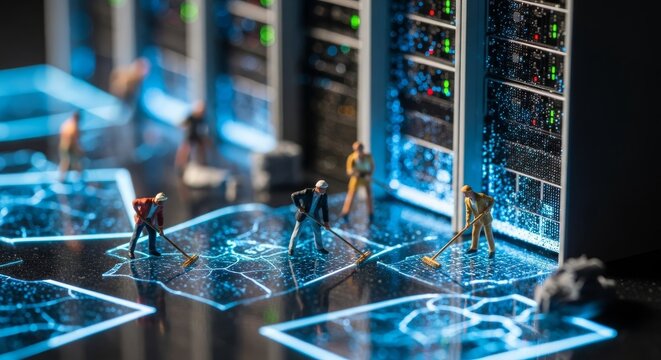 Miniature figures diligently mopping glowing data pathways within a futuristic server room, representing meticulous IT maintenance and digital cleanliness.