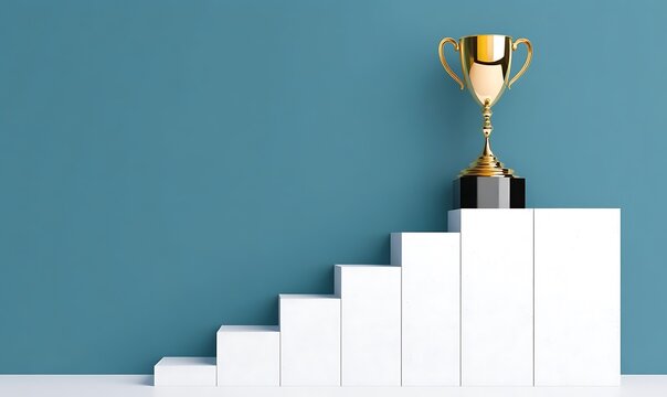 Golden trophy on white stairs against blue wall symbolizing achievement and winning.