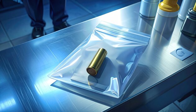 Sealed transparent plastic evidence bag containing a single spent bullet casing on a laboratory table