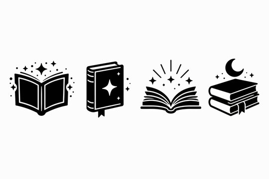 Collection of magical and mystical open and closed books with stars and moon