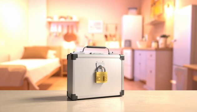 Secure medication lockbox with padlock on a home countertop, safeguarding sensitive items.