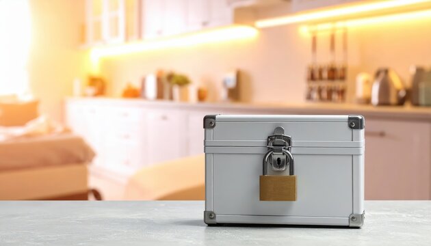 Secure metal lockbox with padlock on kitchen countertop for medication storage