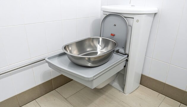 Silver Metal Bedpan Resting on a Bedside Commode Shelf in a Hospital Bathroom Setting