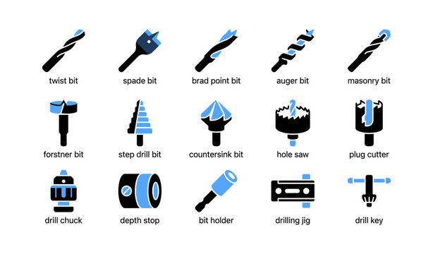Drill bits and accessories icons arranged in grid layout