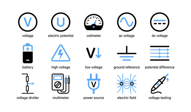 Voltage icons showing measurement symbols and electrical signs in grid