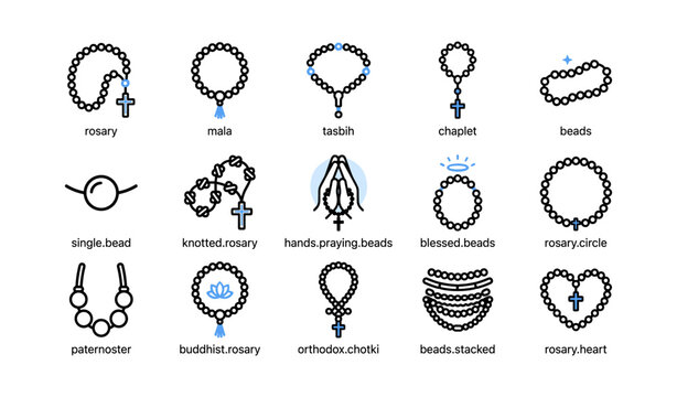 Prayer and bead icons depicting various rosaries on white background