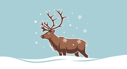 Majestic reindeer standing in a snowy winter landscape with snowflakes falling © mad