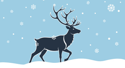 Majestic reindeer silhouette walking through falling snow on a winter day. © mad