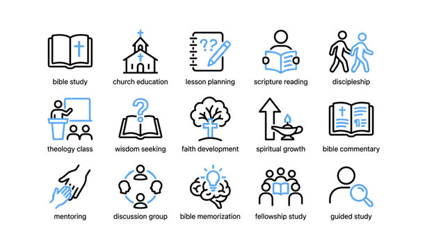Church study and discipleship icons arranged on white background