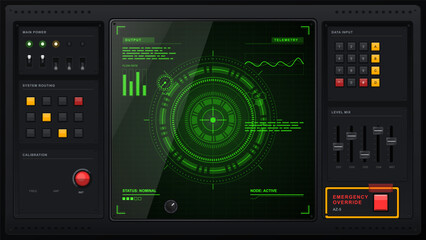 Fototapeta premium Futuristic control console with green radar HUD screen, power switches, keypad, sliders, emergency override, and dark industrial panel design